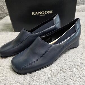 NEW Rangoni Firenze Navy Italian Leather Wedge Heel‎ Slip On Loafers Shoes 7 AA